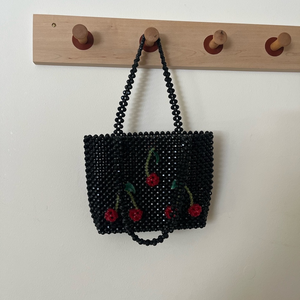 Susan Alexandra Black Beaded Tote with Red Cherry Motif - Picture 2 of 5